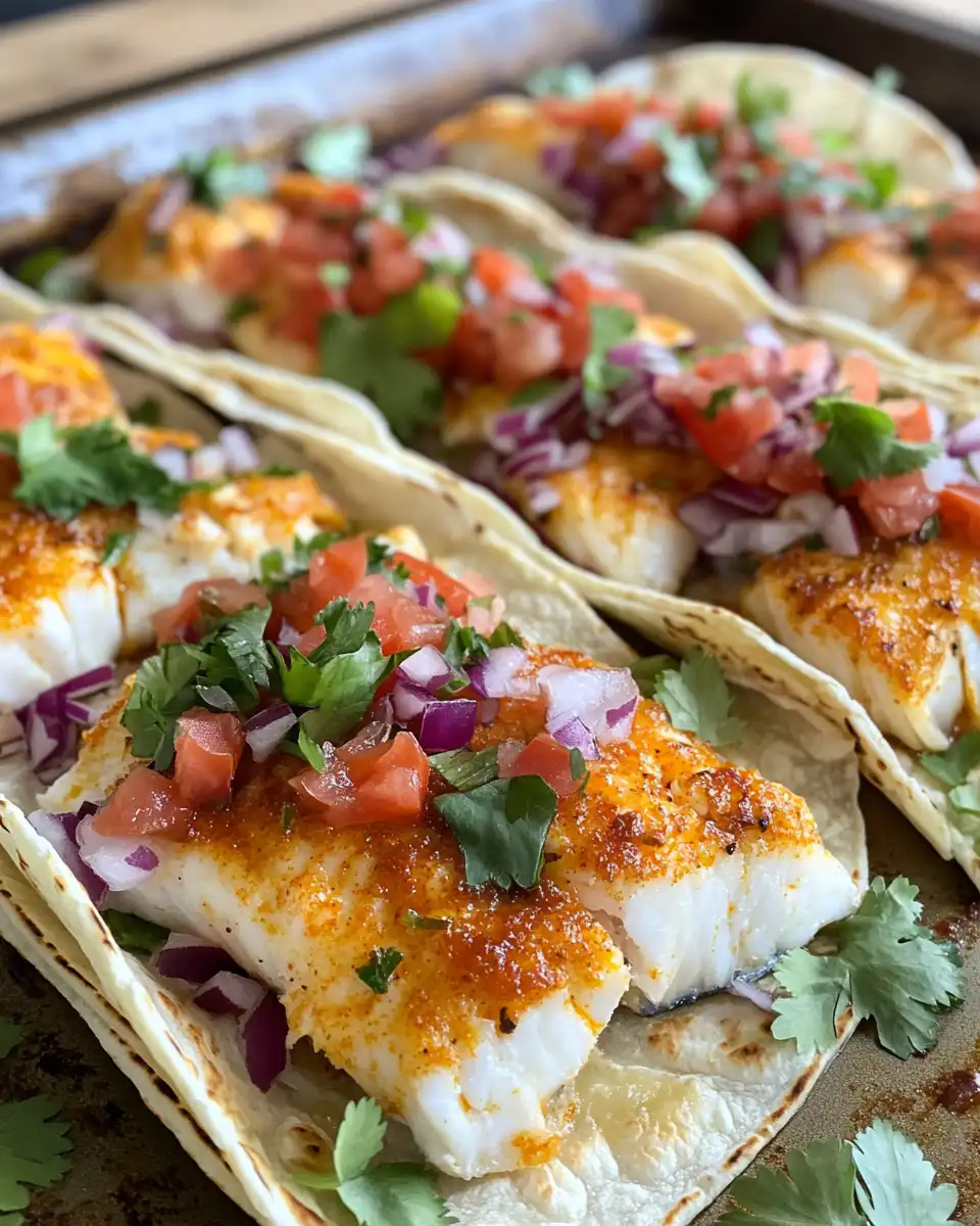 Served sheet pan fish tacos with shredded cabbage and avocado