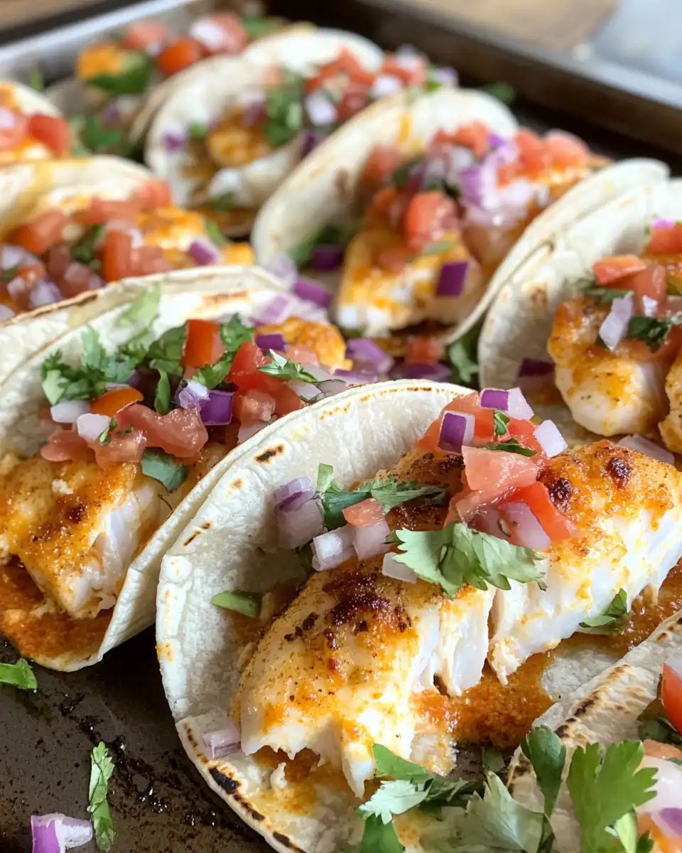 Sheet pan fish tacos fresh from the oven with tender flaky fish