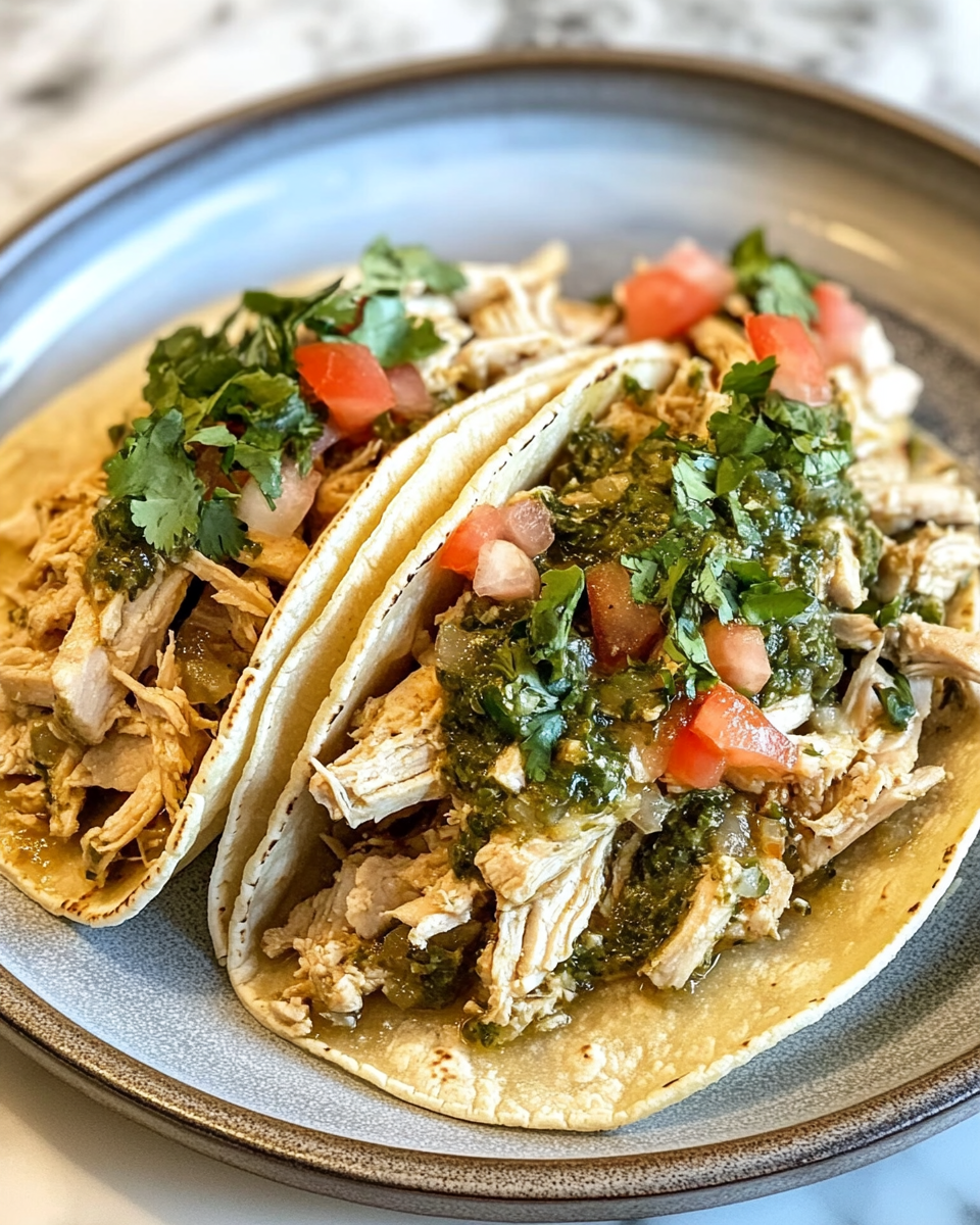 Final plated slow cooker spicy chicken verde tacos with fresh toppings