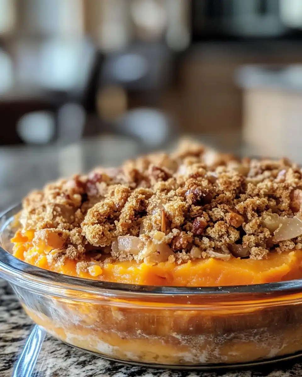 Golden brown sweet potato casserole portion plated and ready to eat