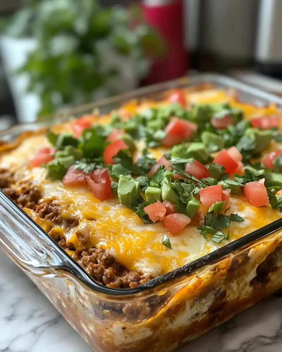 Ingredients for taco casserole including ground beef, beans, onions, and dairy-free cheese