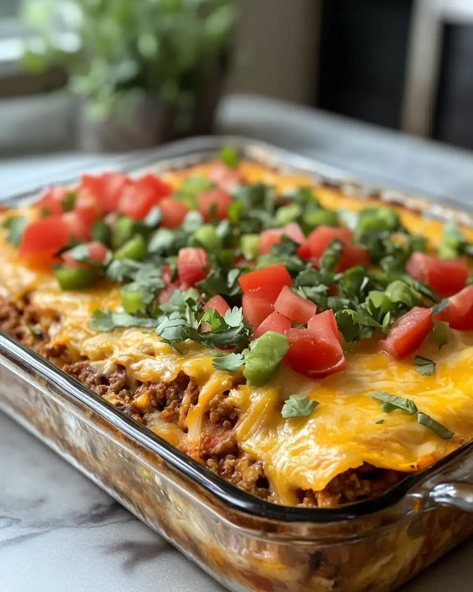 Baked dairy-free taco casserole fresh and bubbling hot