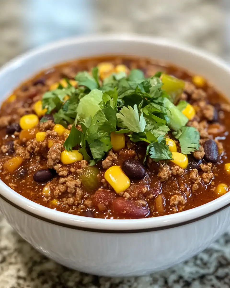 Bowl of finished easy taco chili with beans and toppings ready to eat