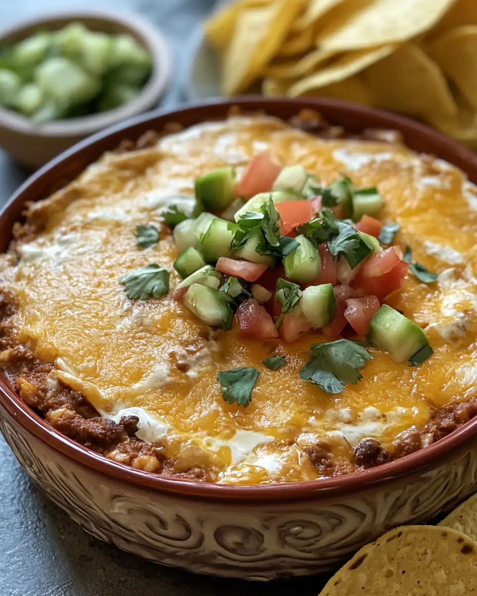 Chilled taco dip ready to serve with fresh toppings