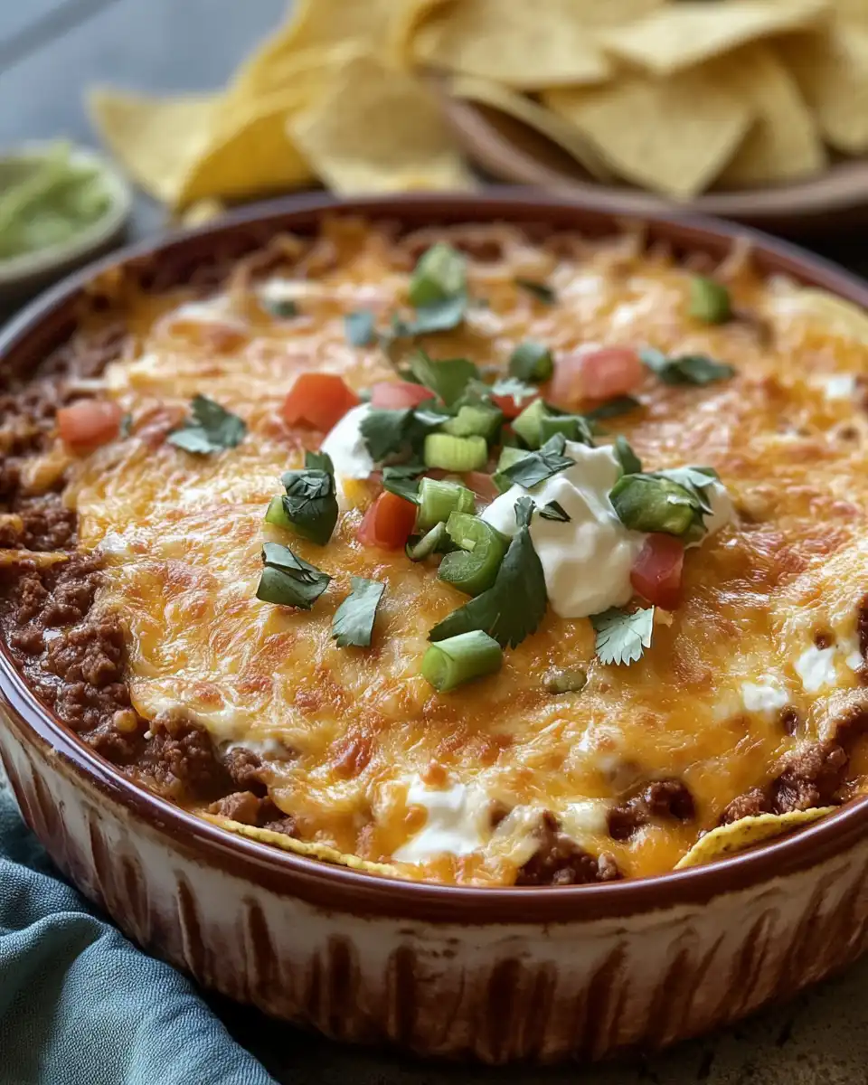 Closeup of creamy taco dip warming in bowl with toppings