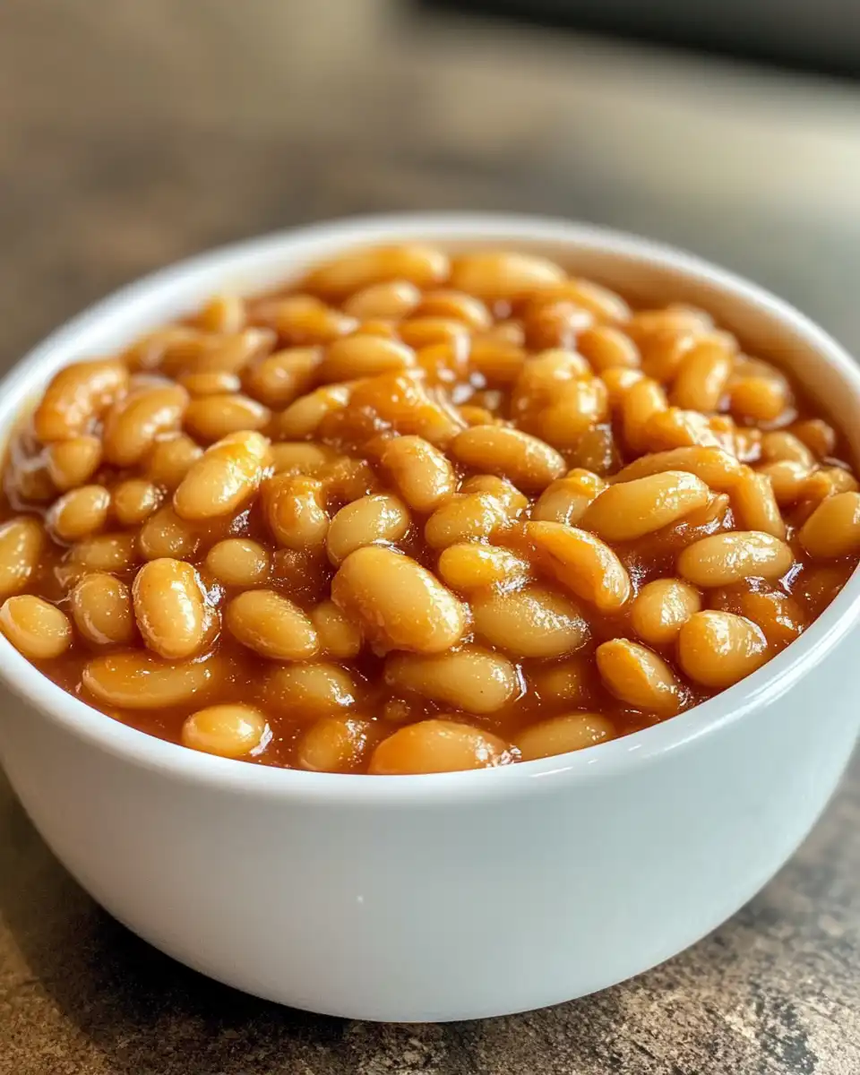 Plated vegan baked beans with rich sauce and herbs