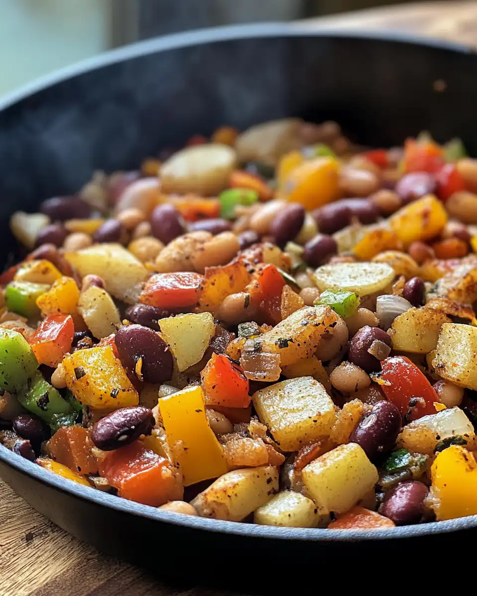Ingredients for vegan breakfast hash including potatoes, peppers, greens, and beans