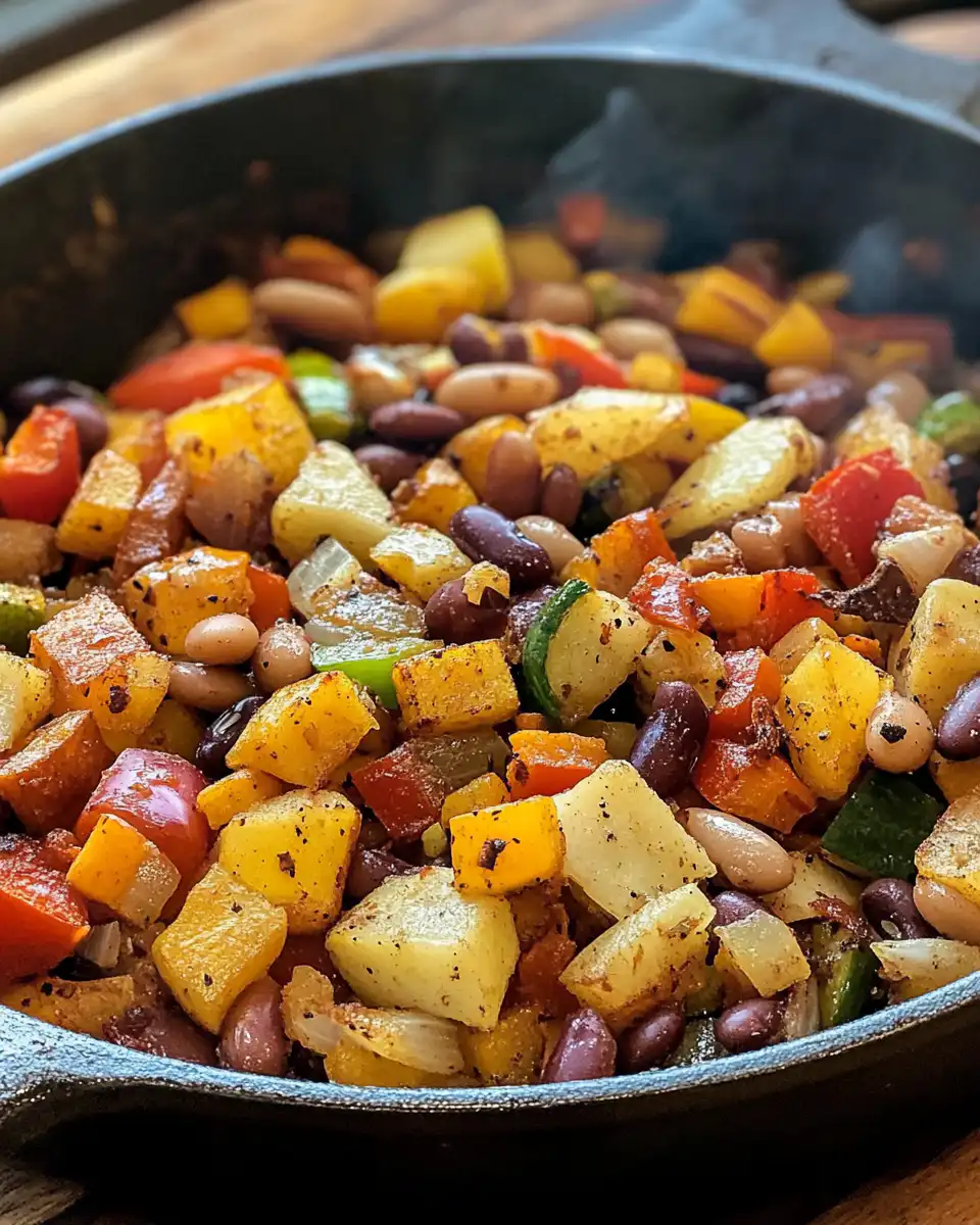 Final plated vegan breakfast hash served hot with fresh herbs