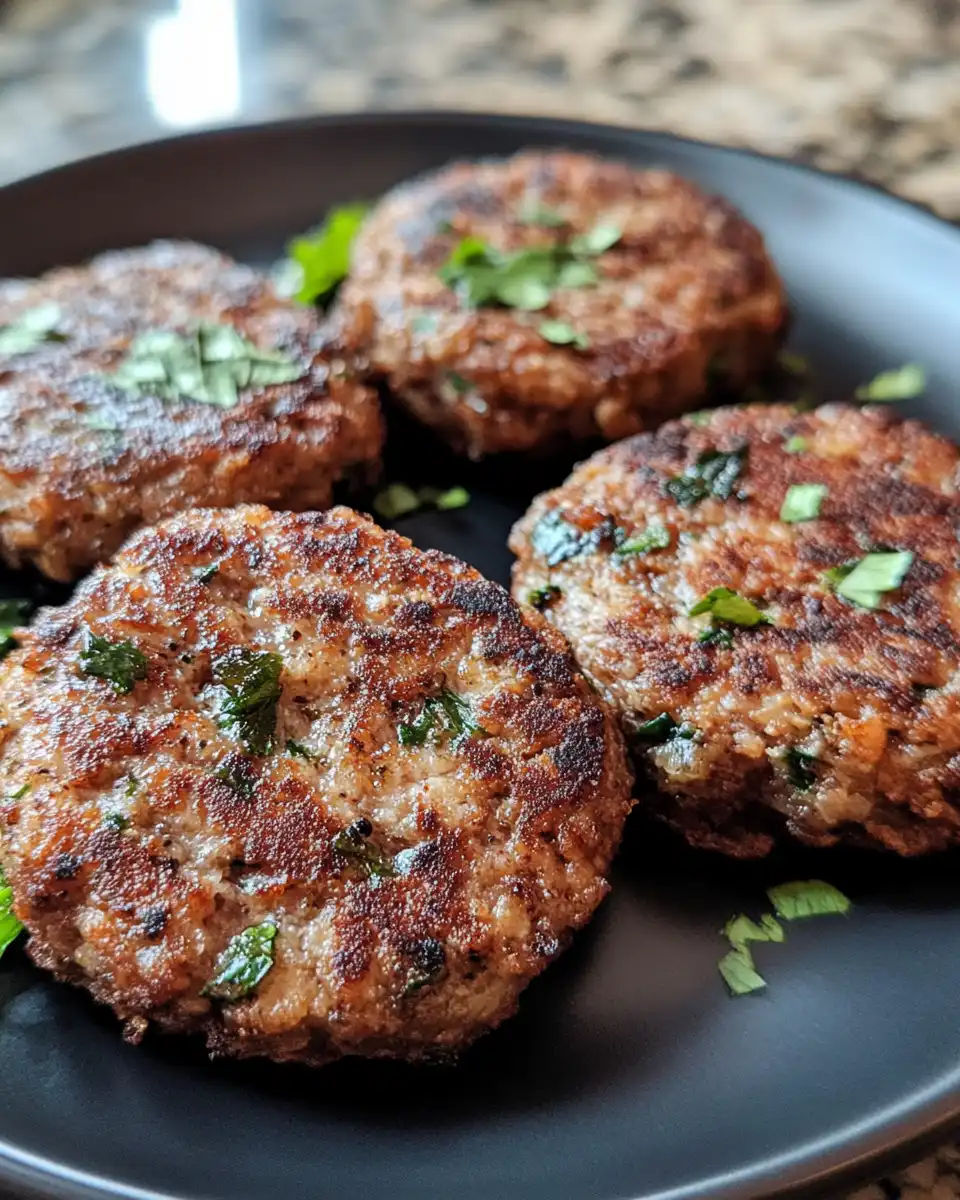 Final plated vegan breakfast sausage patties served with fresh herbs