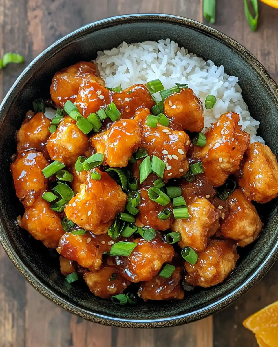 Final plated crispy orange tofu with glaze and orange zest garnish