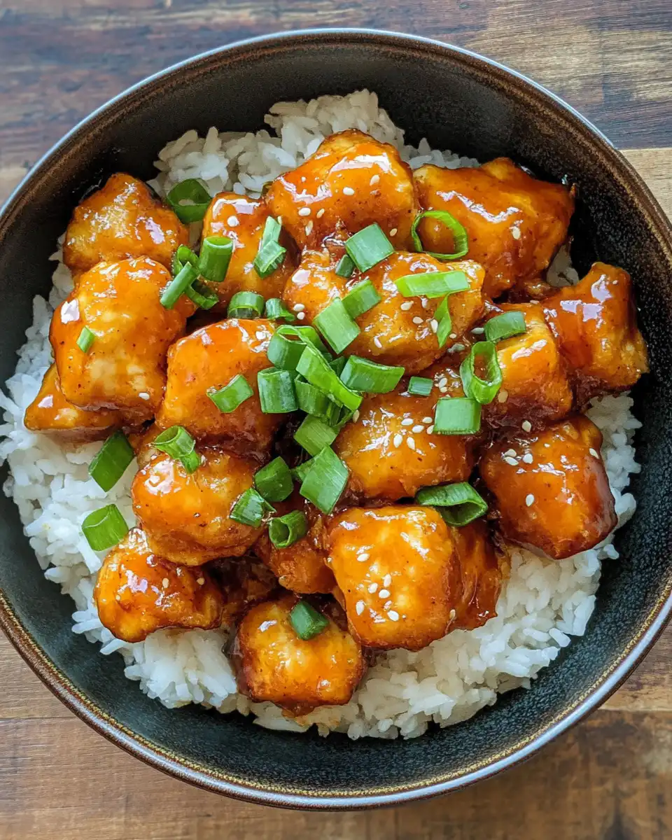Crispy tofu cubes coated with sticky orange glaze in pressure cooker