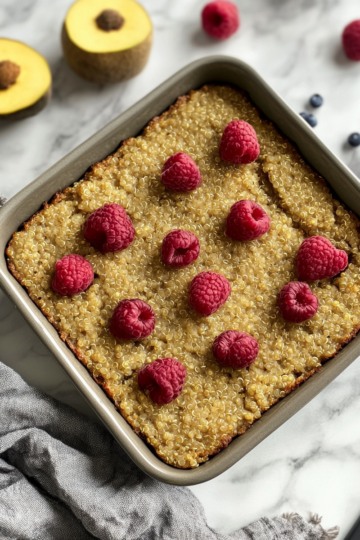 Easy Vegan Quinoa Breakfast Bake taken with iphone 15 pro max --iw 2 --ar 4:5 --v 6.1 --raw