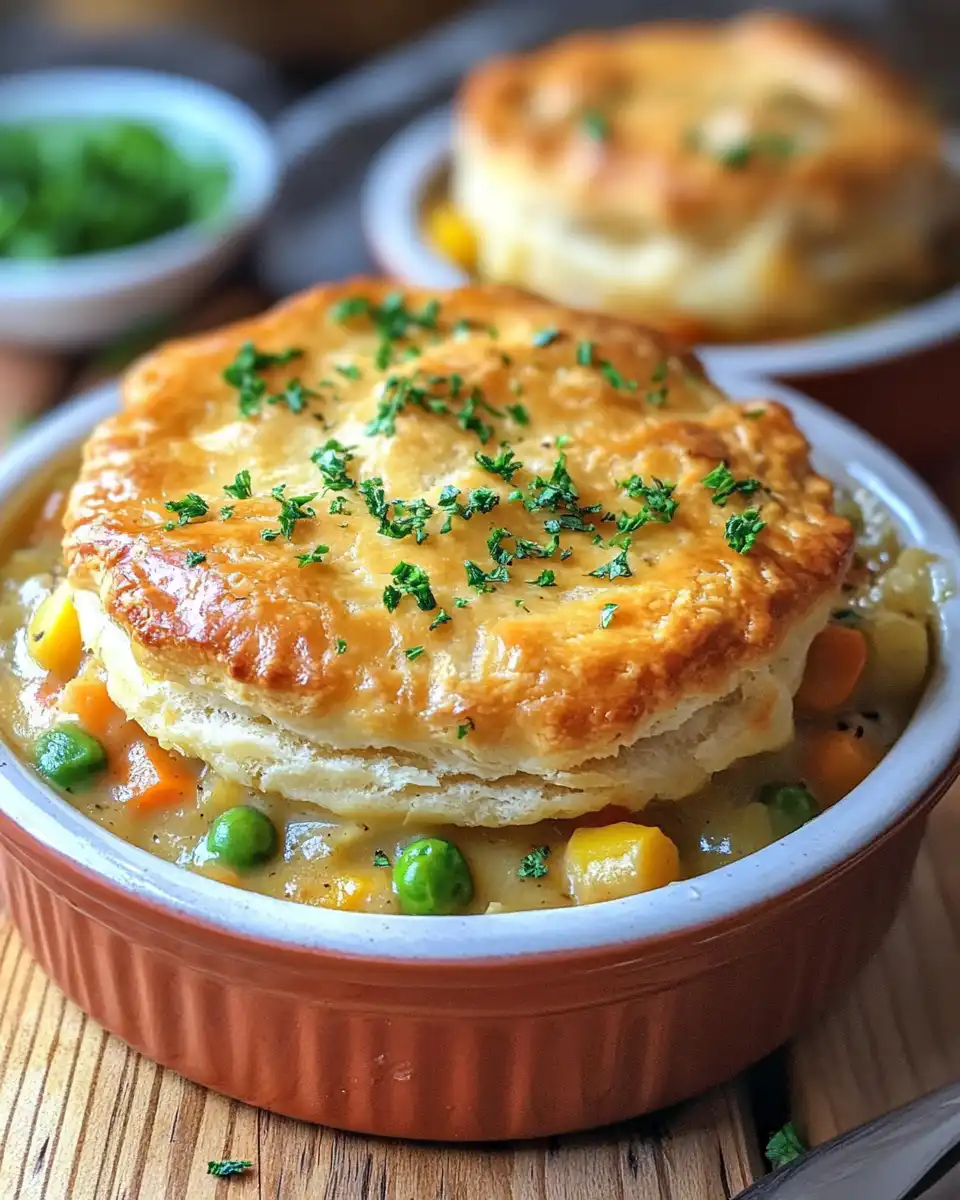 Cozy vegetable pot pie with golden biscuit topping fresh from the oven