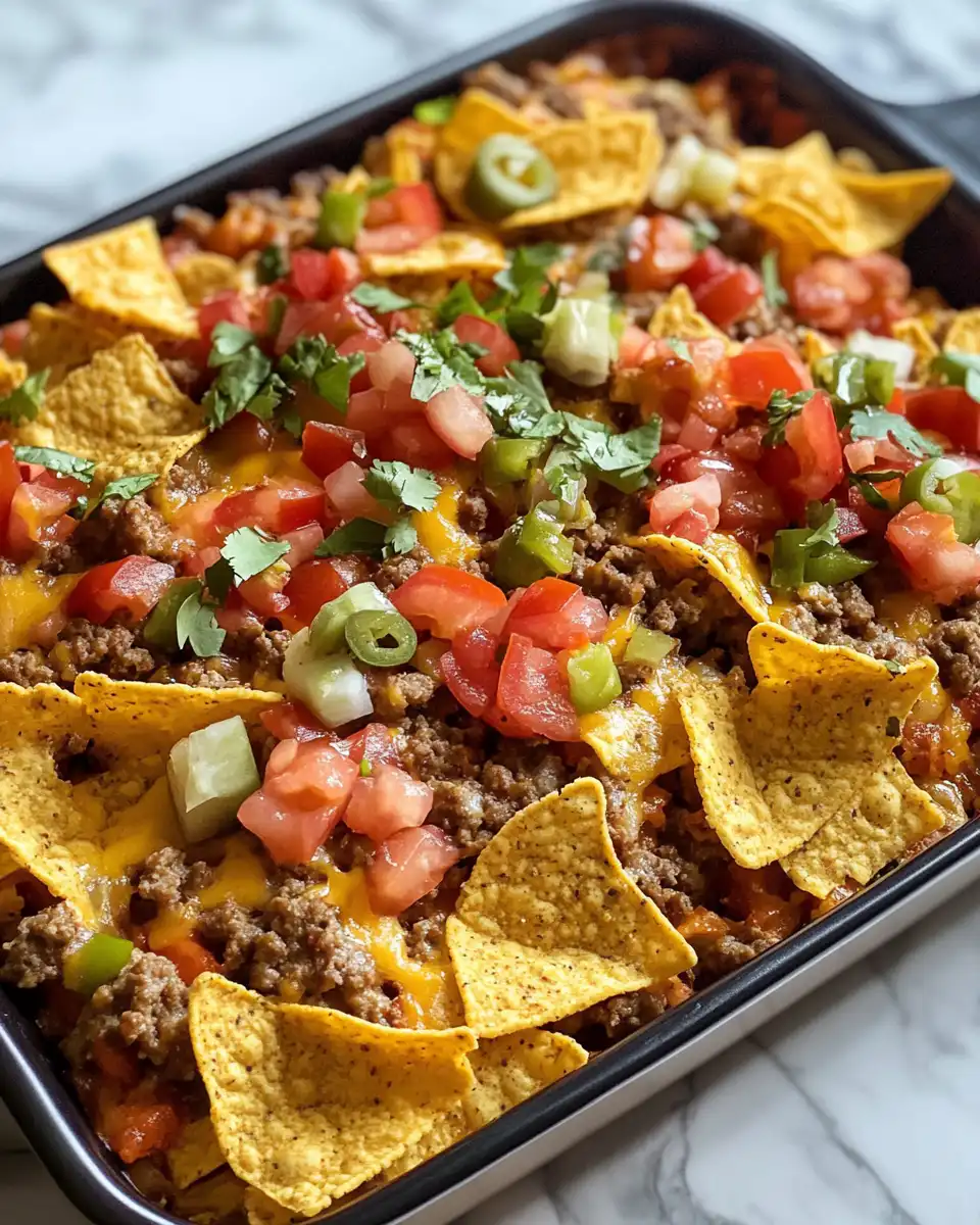 Baked walking taco casserole with melted cheese and green onion garnish