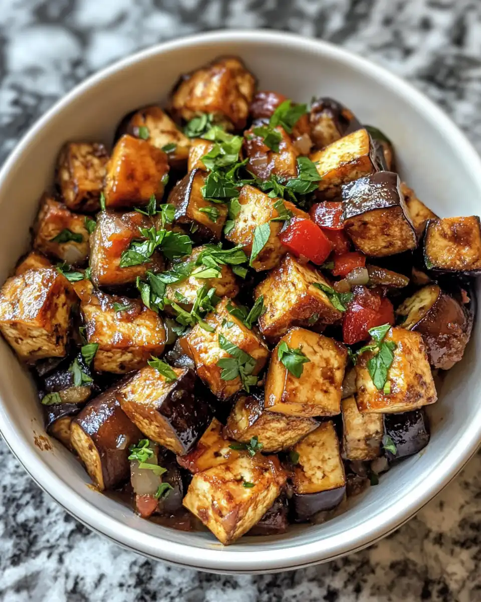 Finished eggplant and tofu dish plated and garnished ready to serve