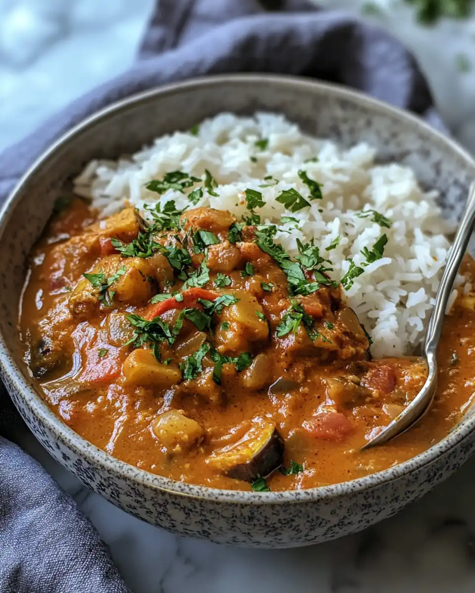 Close-up of eggplant and peppers cooking in rich paprika sauce in pressure cooker