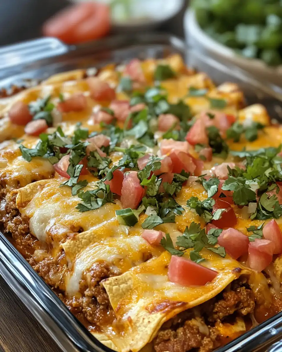 Finished enchilada taco casserole served with melted cheese and guacamole on the side