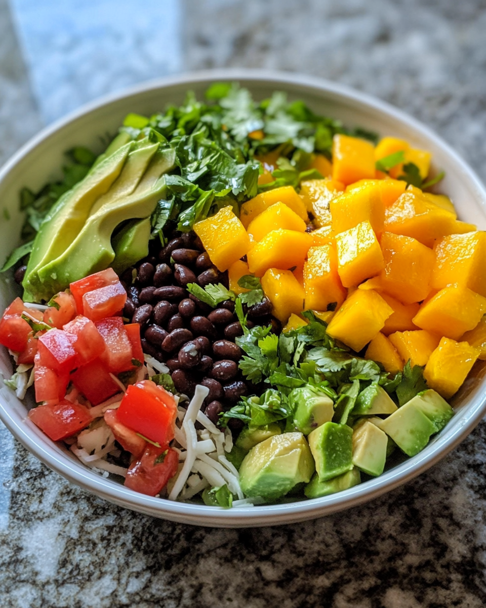 Ingredients for epic summer salad with black beans, mango, avocado in bowls