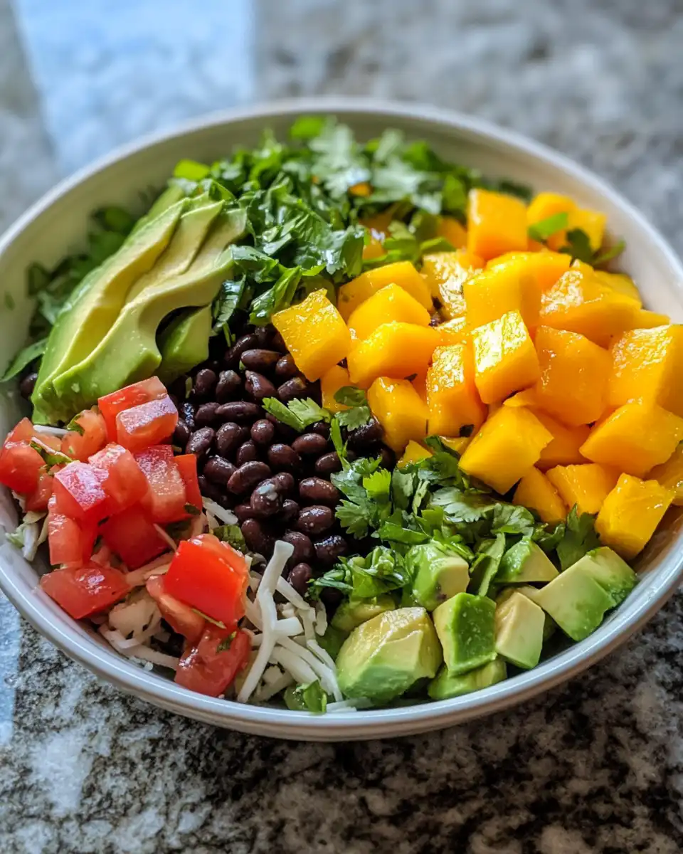 Ingredients for epic summer salad with black beans, mango, avocado in bowls