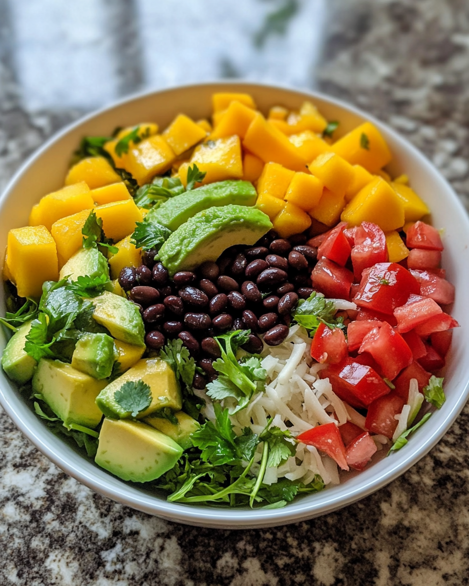 Final plated epic summer salad with black beans mango and avocado served