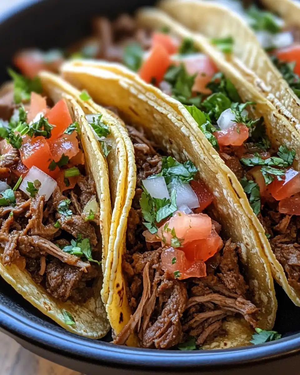 Pressure cooker birria taco with tender shredded beef and rich broth
