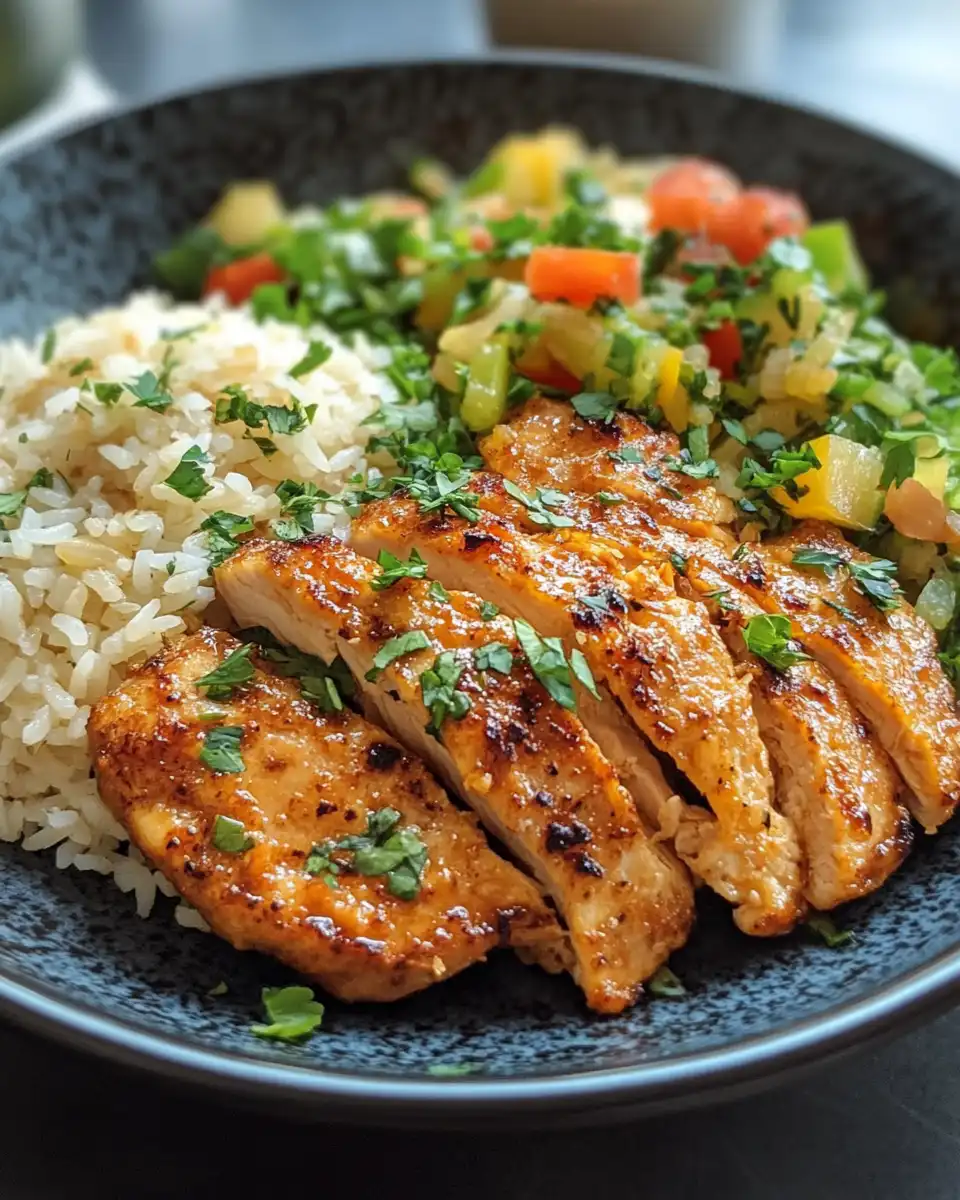 Golden baked Forgotten Chicken and Rice with creamy texture served on plate