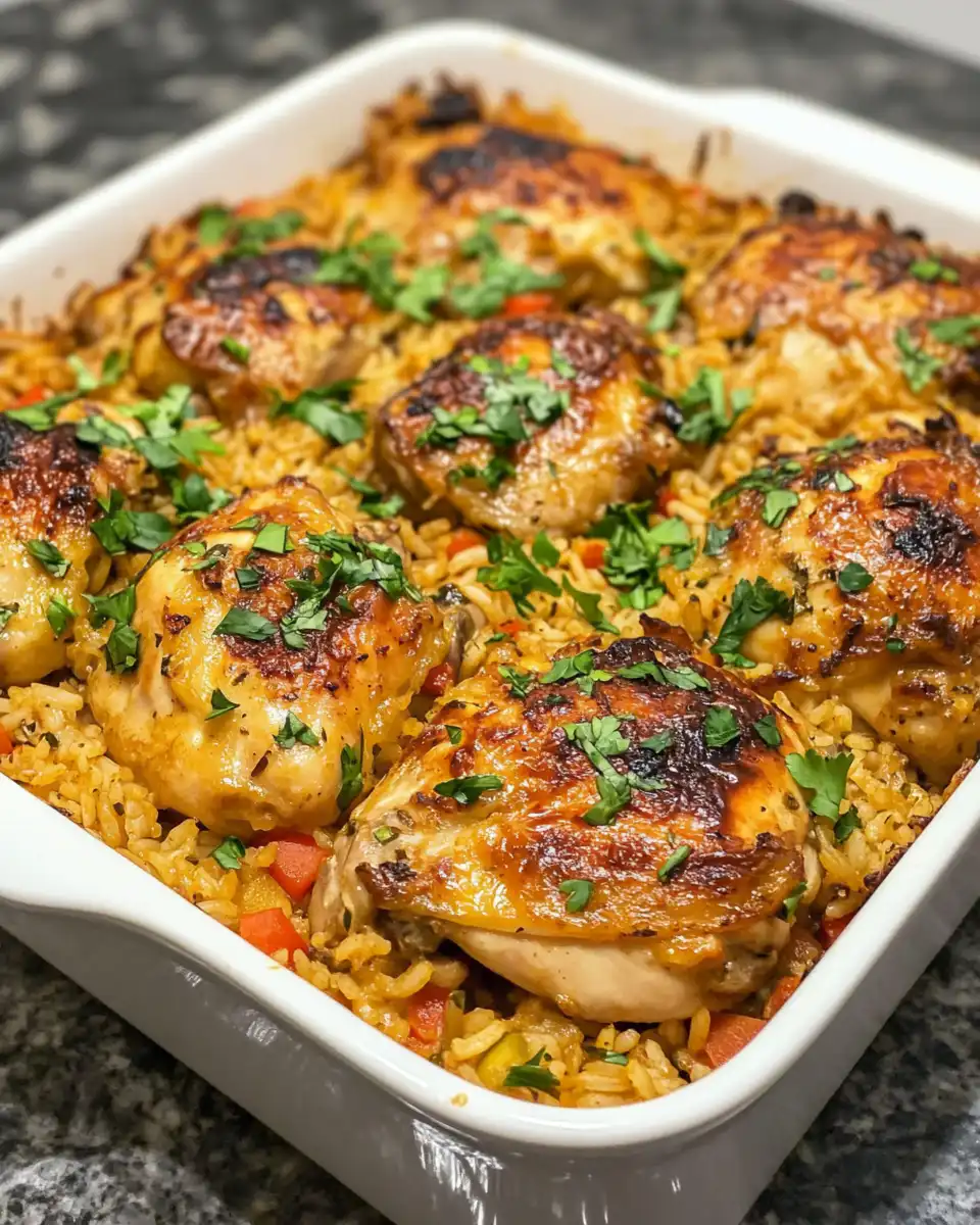 Final baked chicken and rice casserole golden and ready to serve