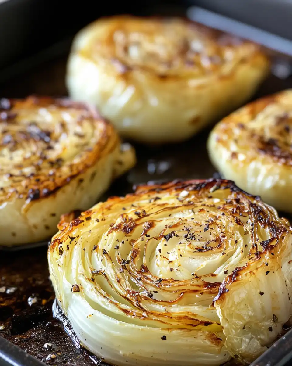 Garlic butter roasted cabbage steaks plated and ready to eat with fresh lemon drizzle