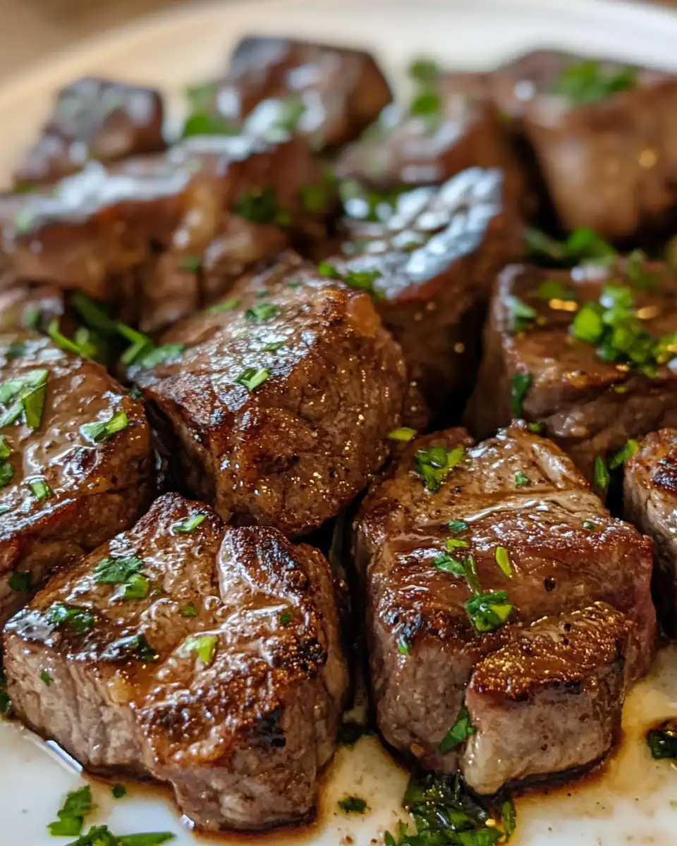 Serving plate of finished garlic butter steak bites garnished with parsley and green onions