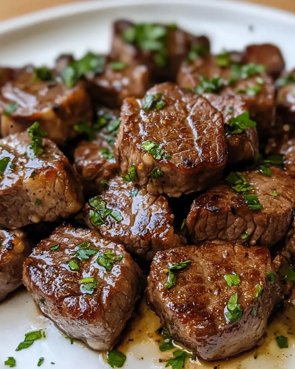 Fresh sizzling garlic butter steak bites in pressure cooker with steam
