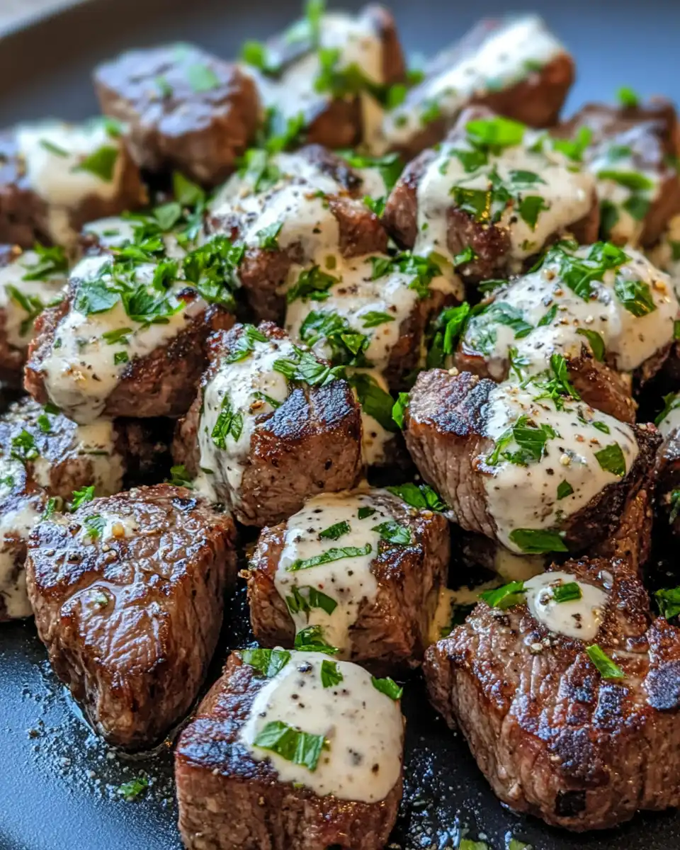 Final plated garlic butter steak bites with parmesan cream sauce