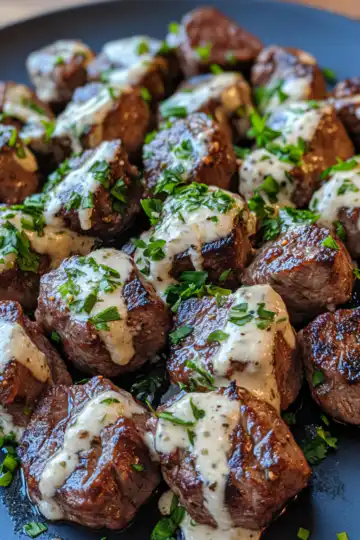 garlic butter steak bites with parmesan cream sauce taken with iphone 15 pro max --iw 2 --ar 4:5 --v 6.1 --raw