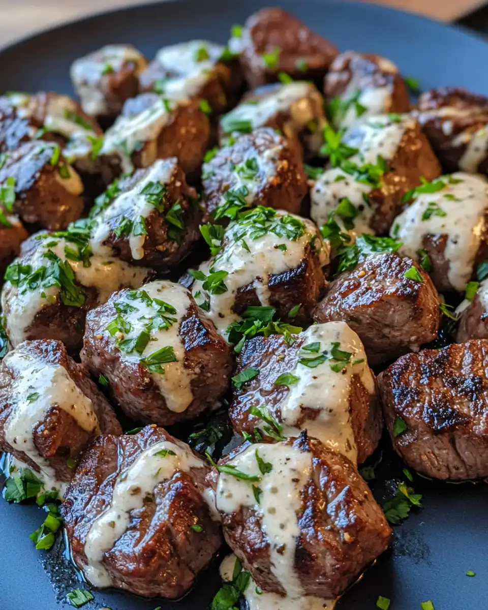 Garlic butter steak bites sizzling in skillet