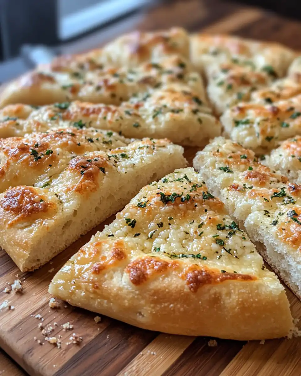 Sliced garlic Parmesan focaccia bread served and ready to enjoy