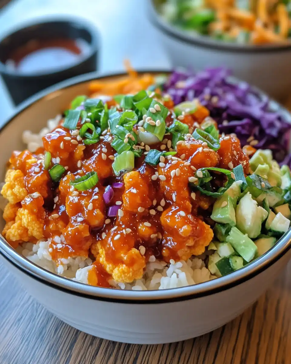 Crispy General Tso's cauliflower served over rice with sesame seeds and scallions