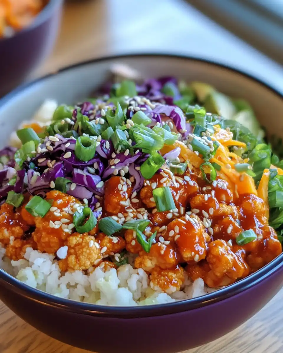 General Tso's cauliflower bowls fresh from pressure cooker with steam hissing
