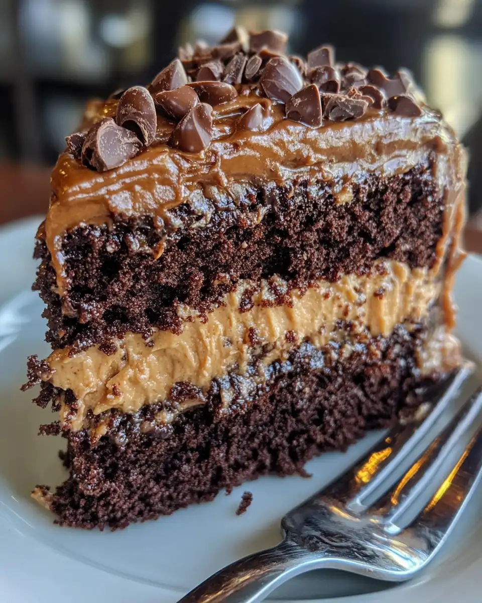 Moist slice of German chocolate cake with pecan and coconut frosting served