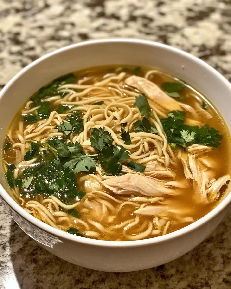 Final serving of ginger garlic chicken noodle soup garnished with crispy garlic and scallions