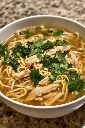 ginger garlic chicken noodle soup taken with iphone 15 pro max --iw 2 --ar 4:5 --v 6.1 --raw