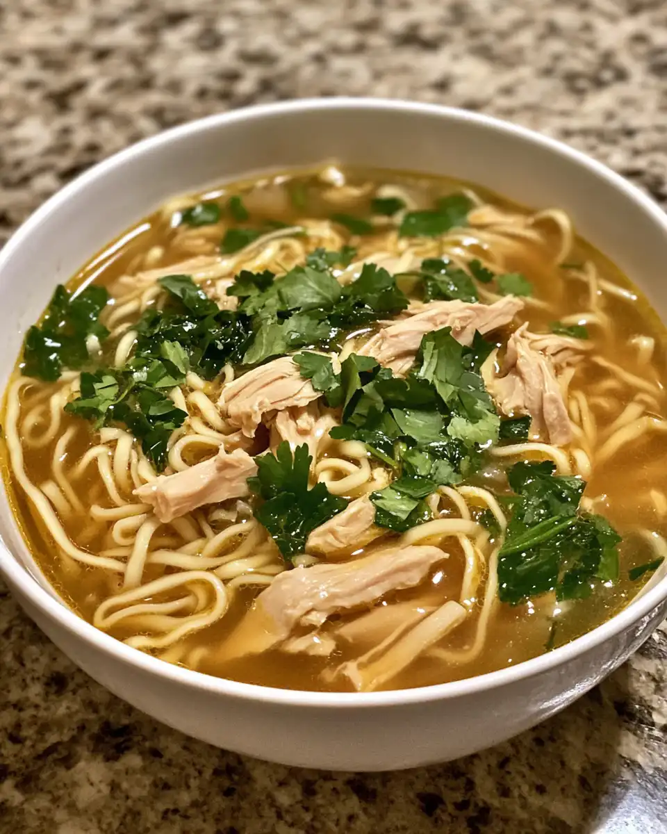 Steaming bowl of ginger garlic chicken noodle soup fresh from the pressure cooker