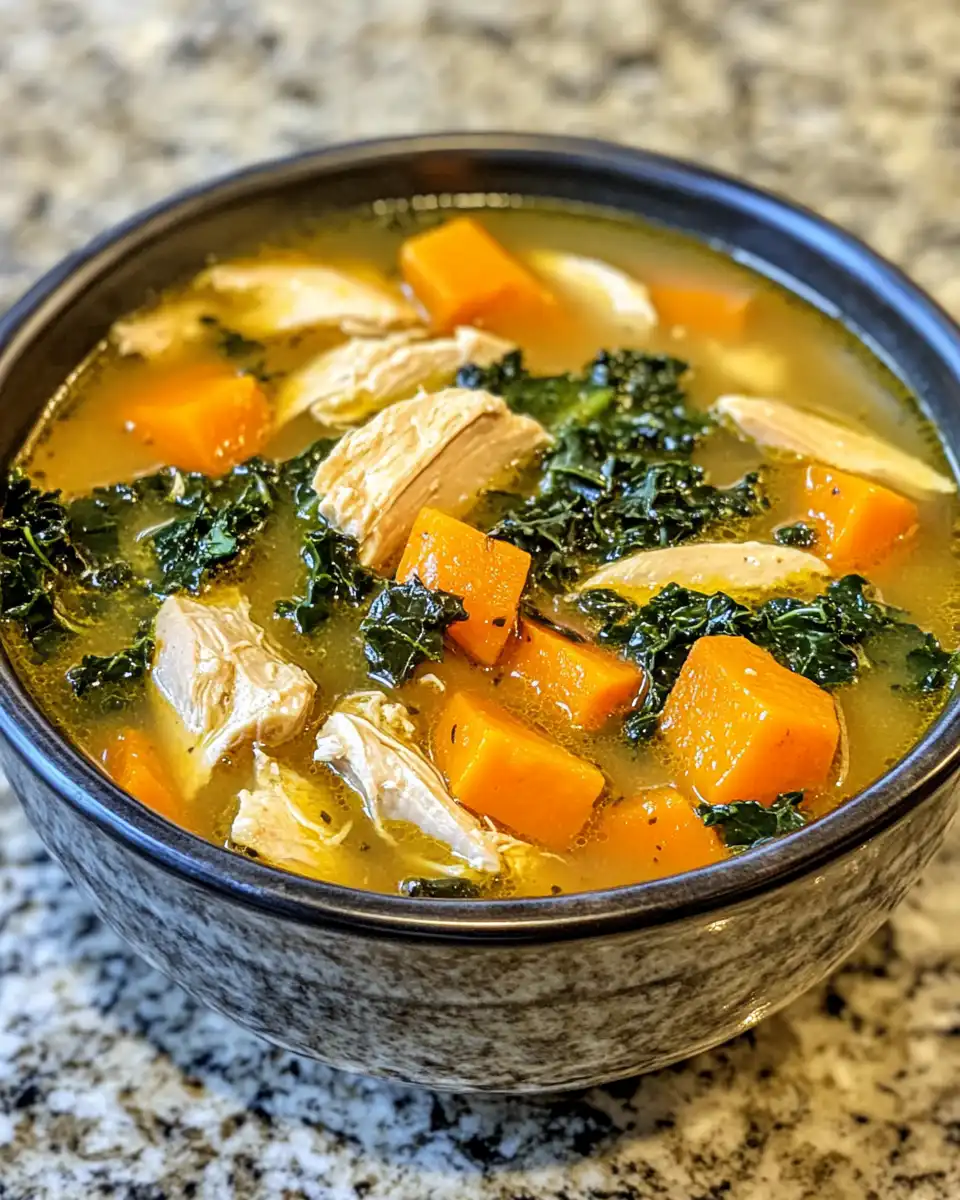 Final plated bowl of ginger sweet potato and kale chicken soup ready to serve