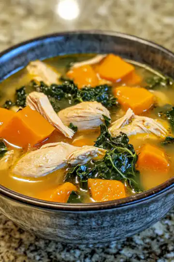 Ginger, Sweet Potato, And Kale Chicken Soup taken with iphone 15 pro max --iw 2 --ar 4:5 --v 6.1 --raw