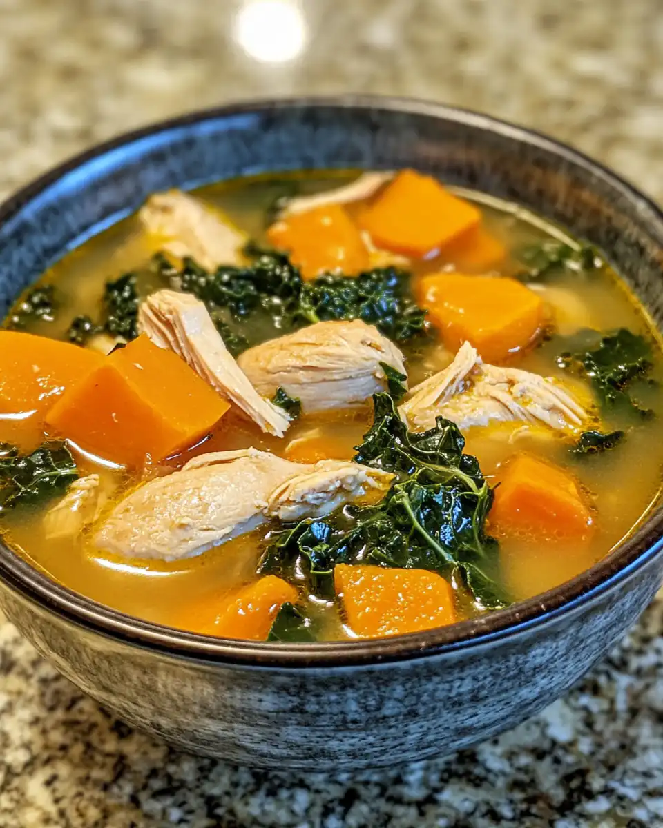 Freshly cooked ginger sweet potato and kale chicken soup in pressure cooker
