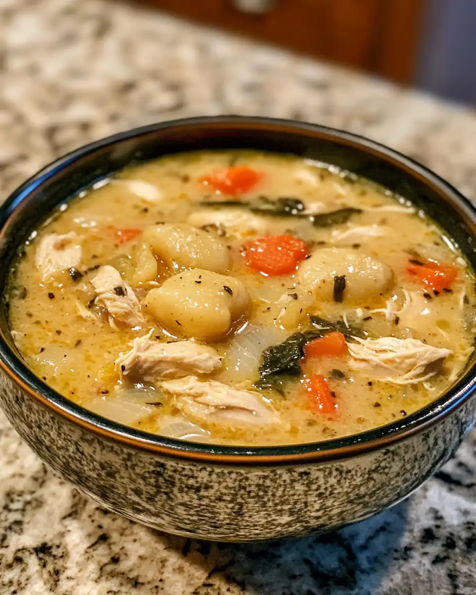Creamy gnocchi chicken soup served in bowl with parmesan and spinach