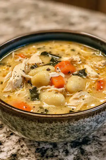 Gnocchi Chicken Soup taken with iphone 15 pro max --iw 2 --ar 4:5 --v 6.1 --raw
