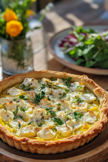 Goats Cheese Spring Tart With Chicory Salad taken with iphone 15 pro max --iw 2 --ar 4:5 --v 6.1 --raw