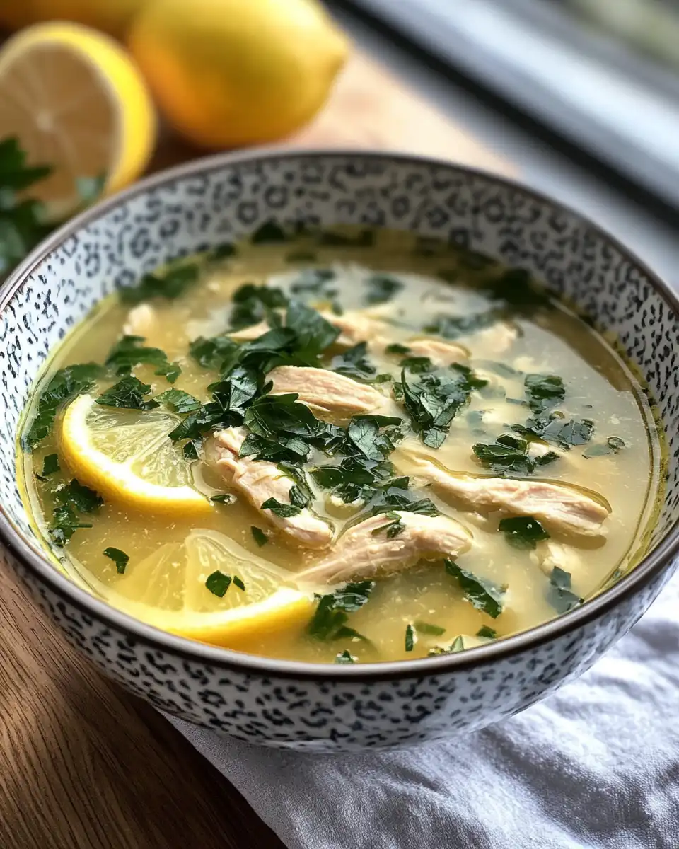 Fresh bowl of Greek lemon chicken soup with steam rising