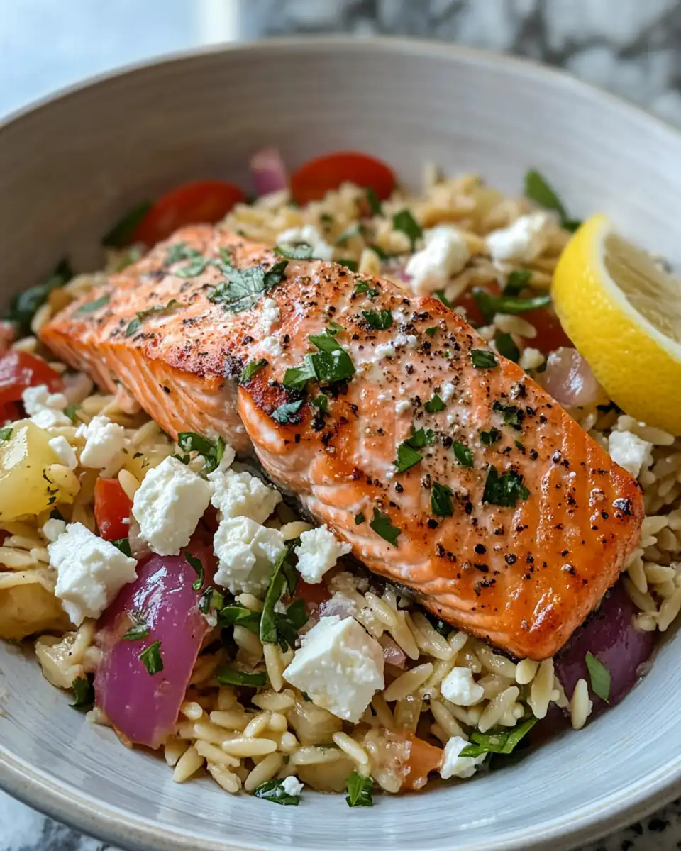Grilled chicken sliced over orzo salad with fresh vegetables and feta cheese