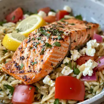 Greek Salmon With Lemon Feta And Orzo Summer Salad taken with iphone 15 pro max --iw 2 --ar 4:5 --v 6.1 --raw