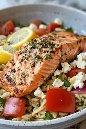 Greek Salmon With Lemon Feta And Orzo Summer Salad taken with iphone 15 pro max --iw 2 --ar 4:5 --v 6.1 --raw